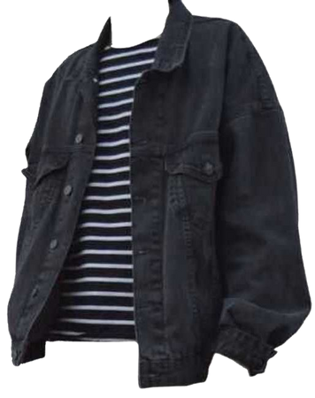 black jean jacket over a black and white striped tee shirt