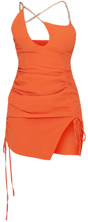 Orange Chain Asymmetric Strap Ruched Bodycon Dress | PrettyLittleThing USA