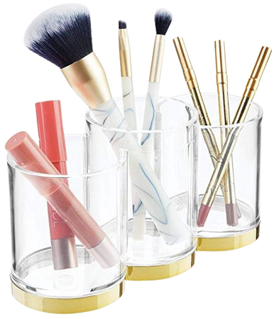 Amazon.com: mDesign Plastic Makeup Organizer Cup with 3 Sections for Bathroom Vanity Countertops or Cabinet: Stores Makeup Brushes, Eye and Lip Pencils, Lipstick, Lip Gloss, Concealers - Clear/Soft Brass: Home & Kitchen
