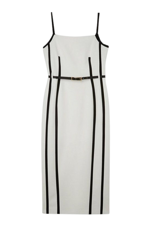 Petite Compact Stretch Contrast Tailored Belted Midi Dress | Karen Millen