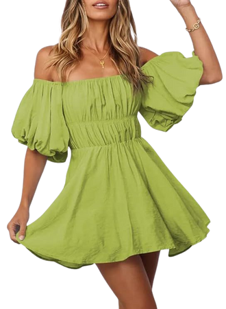 Dokotoo Womens Square Neck Grass Green Dress Puff Sleeve Elastic Waist Off The Shoulder Dresses for Women Ruffle A-Line Casual Mini Dress Medium at Amazon Women’s Clothing store