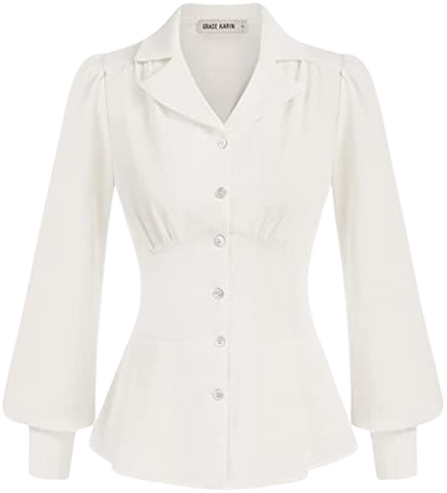 Women's Vintage Peplum Blouse Long Sleeve Button Down Tops Smocked Back Casual Work Office Top White XXL at Amazon Women’s Clothing store