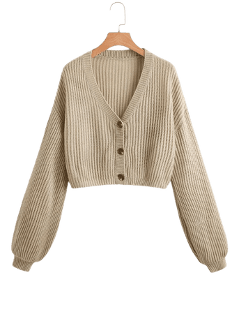 SHEIN Lantern Sleeve Button Front Rib Knit Cardigan | SHEIN USA