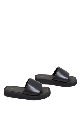Black Pu Square Toe Mule Flatform Sandals | PrettyLittleThing USA