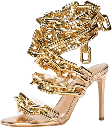 Amazon.com | Frankie Hsu Luxury Women's Ankle Leg Lace Up Gold Link Chain Clear PVC Strappy Stiletto Round Toe High Heeled Sandals | Shoes