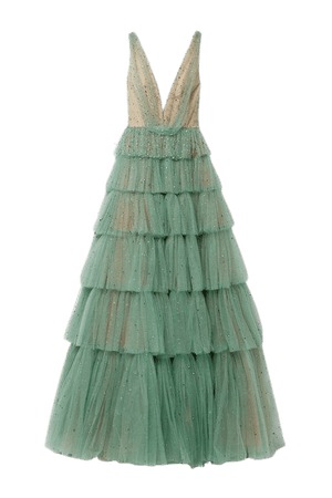 Tiered Crystal-embellished Tulle Gown - Gray green