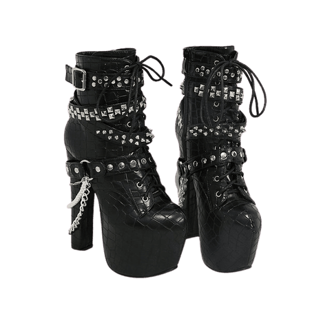 Zip Metal Chains Rivet Black Platform Kei Boots Women's Chunky High Heels Martin Boots | Wish