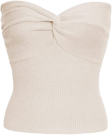 ISZPLUSH Women's Strapless Sweetheart Neck Y2K Crop Top - Slim Fit, Ribbed Knit, Knot Front, Sleeveless, Beige (Small) at Amazon Women’s Clothing store