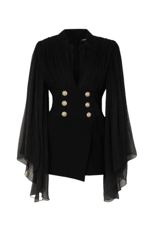 Black Gathered silk-chiffon and crepe mini dress | Balmain | NET-A-PORTER