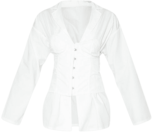 White Woven Hook And Eye Corset Waist Shirt | PrettyLittleThing USA