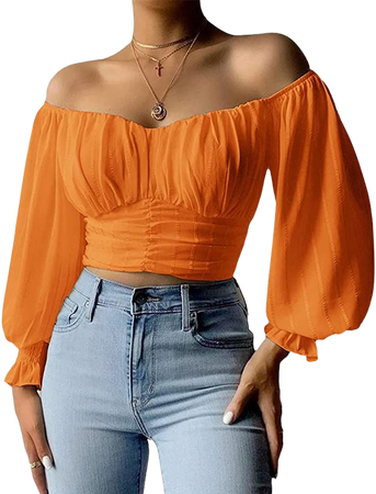 MIRACMODA Womens Elegant Off Shoulder Puff Sleeve Blouses Summer Rib Pleated Chiffon Crop Top Orange at Amazon Women’s Clothing store