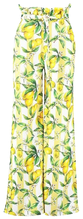 Petite Lemon Print Wide Leg Trousers Yellow Lime | Boohoo