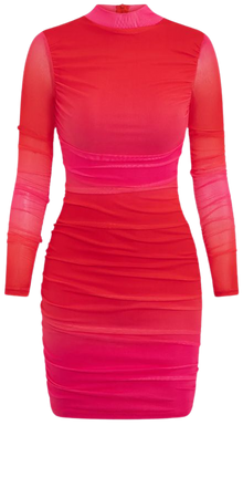 Ombre Ruched Mesh Mock Neck Long Sleeve Mini Dress – Micas
