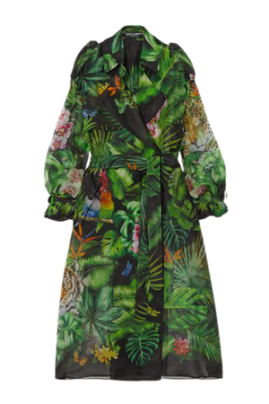 Oversized Printed Silk-organza Trench Coat - Green
