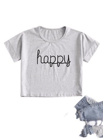 [34% OFF] 2020 Cropped Happy Graphic Basic Tee In GRAY | ZAFUL
