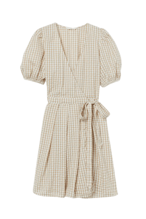 Linen-blend Wrapover Dress - Light beige/checked - Ladies | H&M US