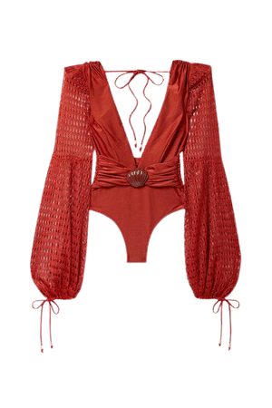 Embellished Crochet-paneled Swimsuit - Red