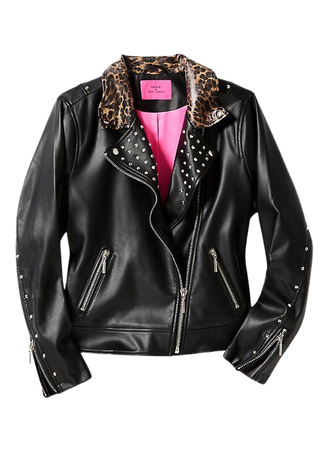 Plus Size - Betsey Johnson Black Faux Leather Leopard Trim Moto Jacket - Torrid