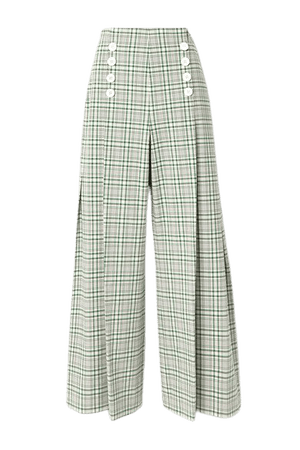 Pleated Checked Cotton-blend Canvas Wide-leg Pants - Green