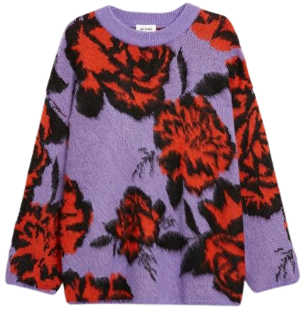 Oversized soft knit sweater - Lilac with red roses - Monki WW