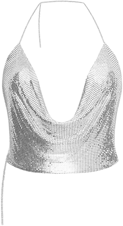Women Sexy Backless Camisole Halter Metal Chain Rhinestone Tank Top Spaghetti Strap Deep V Crystal Diamonds Vest Nightclub at Amazon Women’s Clothing store