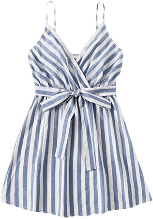 Romwe Women's Cute Sleeveless Striped Belted Wrap Summer Cami Tank Mini Dress : Clothing, Shoes & Jewelry