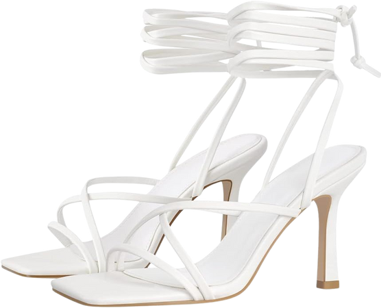 Amazon.com | LISHAN Women's Square Toe Stiletto High Heels Strappy Lace Up Sandals Ankle Strap Gladiator Slingback Backless Open Toe Party Prom Dressy Shoes White Size 8 | Heeled Sandals