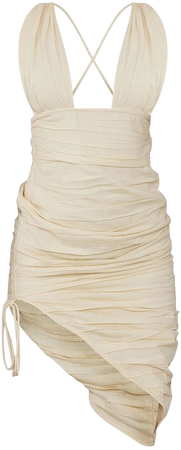 Cream Linen Plaited Strap Plunge Ruched Midi Dress | PrettyLittleThing CA