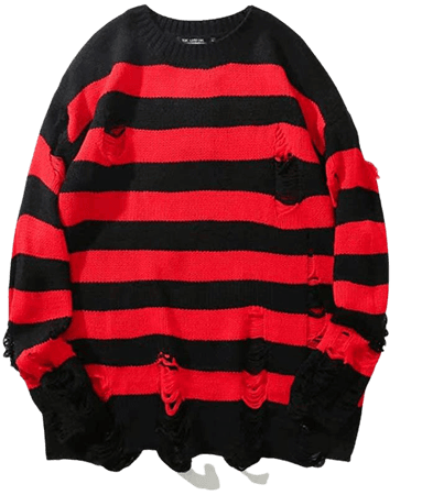HANGJIA Black Red Striped Sweaters Men Oversized Ripped Hole Knit Pullover Autumn Winter Fashion Long Sleeve Clothing at Amazon Men’s Clothing store