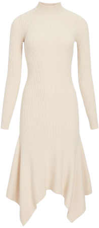 Mock Neck Ribbed Asymmetrical Hem Sweater Midi Dress | Express