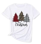 Merry Christmas Plaid Leopard Printed Tree T-Shirt Tee - White - Bellelily