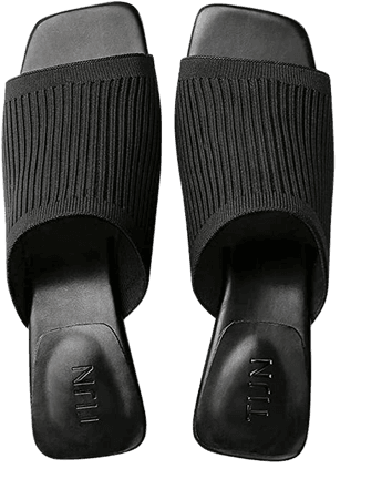 Amazon.com | TIJN Open Toe Heeled Mules for Women Square Low Block Heels Sandals Breathable Knit Slides Sandals(Katrin) Black,9 | Shoes