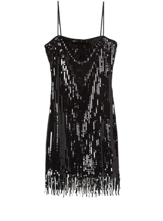 Sequined Dress with Fringe - Black
