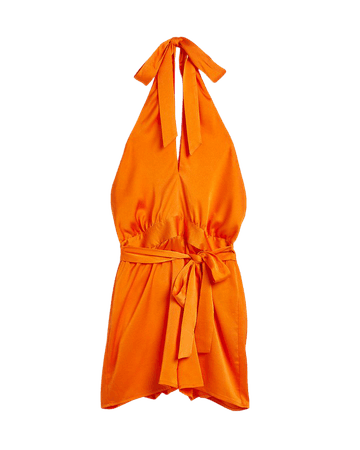 Orange satin halter neck playsuit | River Island