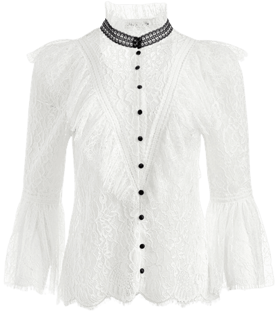 Jessia Lace Button Front Blouse In Off White/black | Alice And Olivia