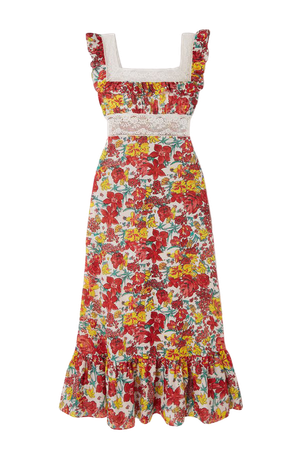 Red Margherita lace-trimmed tiered floral-print cotton-voile midi dress | Loretta Caponi | NET-A-PORTER