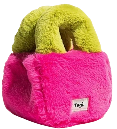 pink and green fur purse