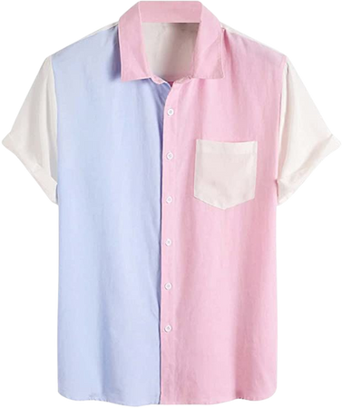 Romwe Men's Colorblock Short Sleeve Shirts Pocket Front Button Down Shirt Top Pink Blue M at Amazon Men’s Clothing store