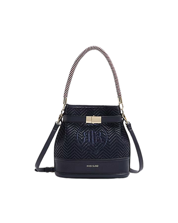 Navy weave embroidered bucket cross body bag | River Island