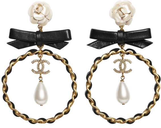 Earrings, metal, glass pearls, calfskin and rhinestones, gold, mother of pearl white, black and glass - CHANEL