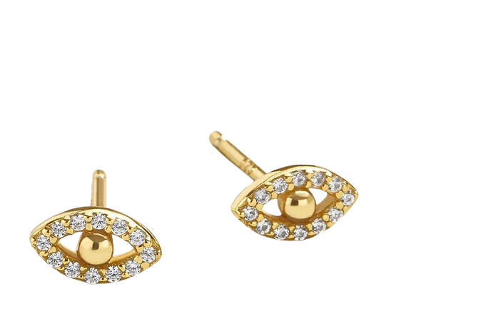 Silma 18K Gold Earrings - Mini Evil Eye – 18K Gold Plated Sterling Silver, Cubic Zirconia stones – BaubleBar