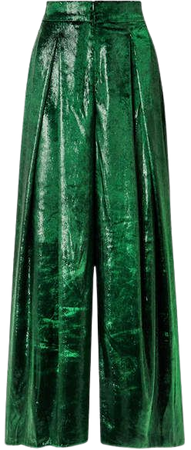 Metallic Velvet Wide-leg Pants - Dark green
