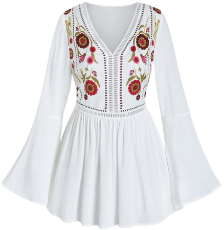 [50% OFF] 2021 Floral Print V Neck Bell Sleeve Longline Blouse In WHITE | DressLily