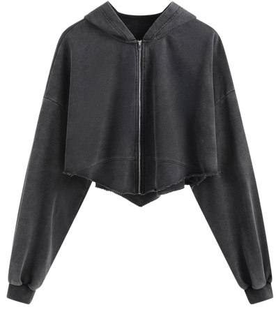 Solid Terry Hooded Asymmetrical Ripped Zipper Hoodie - Cider