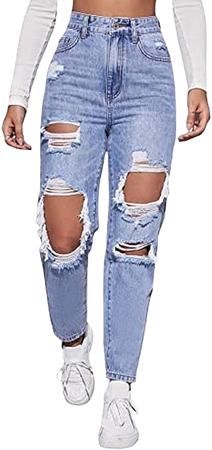 LINUMIN Women's High Waist Straight Leg Ripped Jeans Distressed Denim Pants (Blue, L) at Amazon Women's Jeans store
