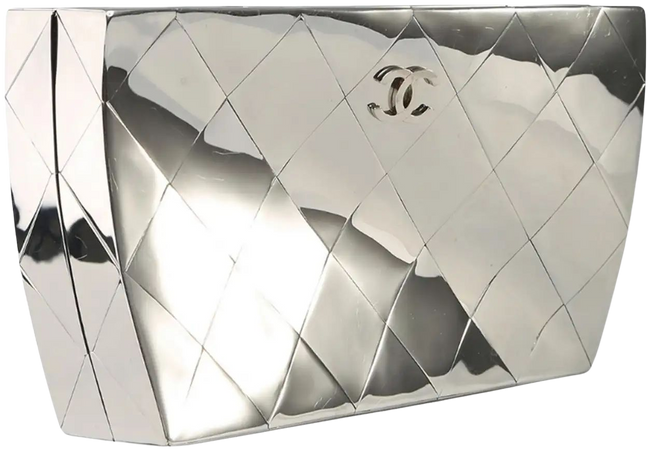 Chanel Limited Edition Curved Warped Mirror Silver Metallic Minaudière Clutch For Sale at 1stDibs