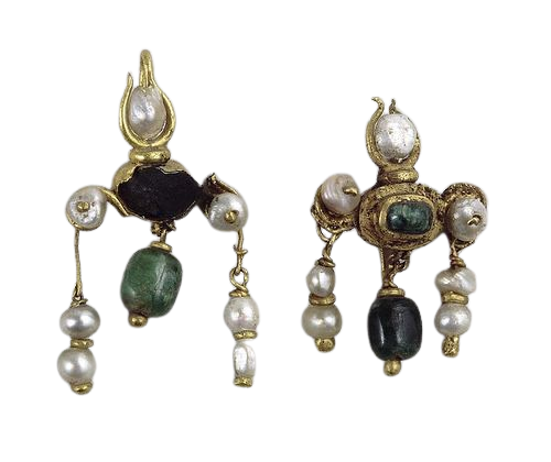 Pearl, black & green bead ancient earrings