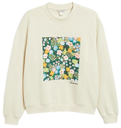 Beige crewneck sweater with front print - Flower field - Monki WW