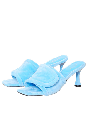 Blue Velour Velcro Strap Mid Heeled Mules | PrettyLittleThing USA