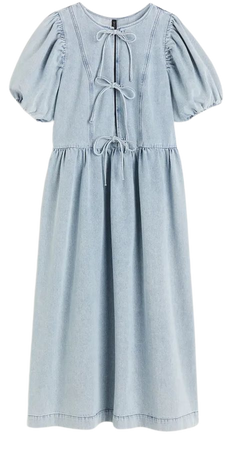 Puff-sleeved midi Denim Dress - Pale denim blue - Ladies | H&M US